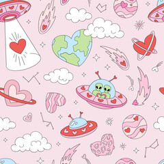 Retro Romantic Cosmic Outer Space Extraterrestrial Alien UFO Love Seamless Pattern, Valentine Galaxy Background for Textile and Wrapping Paper