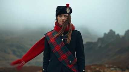 Scottish woman in traditional tartan attire and hat, standing in a misty, rugged Highland landscape with wind-blown scarf.