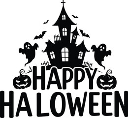 Haunted house Halloween illustration with bats, ghosts, pumpkins, spooky castle silhouette, scary faces, festive October design, horror theme, vector art, black graphic