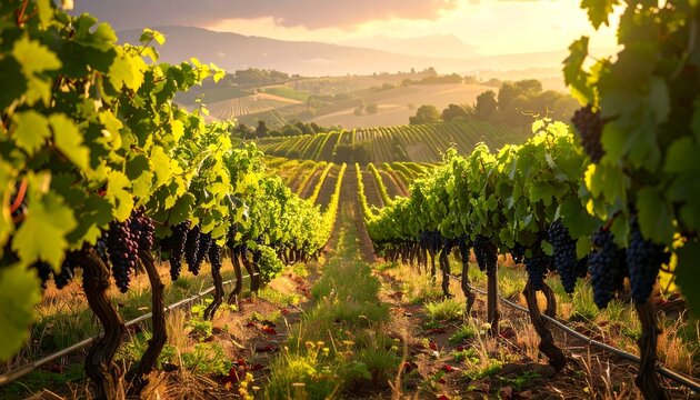 Picturesque vineyard scene, featuring lush grapevines heavy with fruit, bathed in warm sunlight. Rows extend to the horizon, under a radiant, golden sky