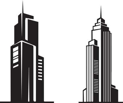 Skyscraper Logo and Icon Set. Vector symbols of modern and art deco city towers for corporate and real estate branding.