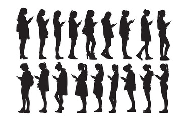 Silhouette of woman using smartphone on white background