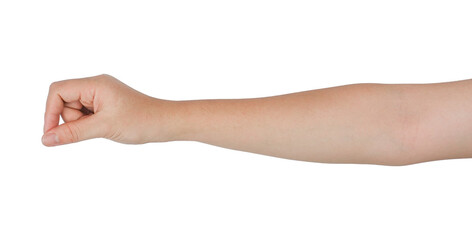 A human arm with a clenched fist, isolated on a white background.