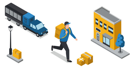 Isometric urban delivery scene with courier and vehicles