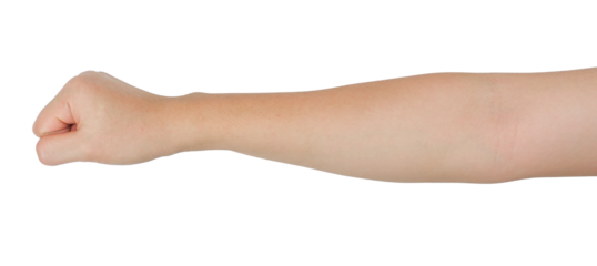 A human arm with a clenched fist, isolated on a white background.