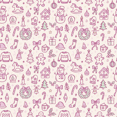 Seamless Christmas pattern with cute hand-drawn doodles. Vintage coquette holiday design with bows, trees, gifts, snowflakes, and festive icons. Perfect for wrapping paper, fabric, and holiday decor. 