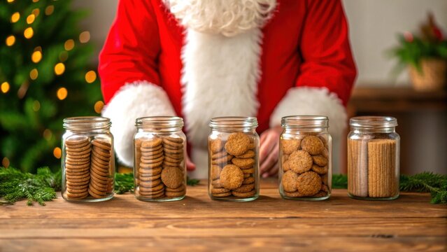 Santa zoro waste in Christmas theme. Santa preparing jars of cookies on a festive table with a Christmas tree in the background.