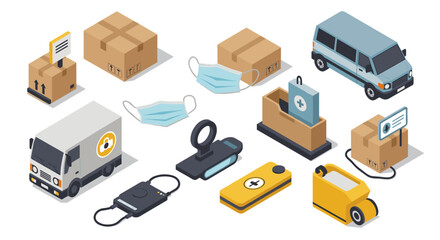 Obraz premium Isometric delivery and logistics icons with masks and contactless payments