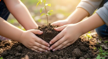 Hands planting a small tree seedling in fertile soil, symbolizing growth and environmental care.