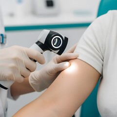 Close-up of doctor examining skin mole with dermatoscope