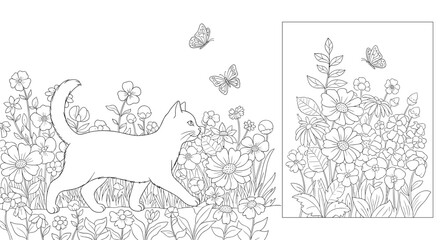 A whimsical illustration of a cat walking through a field of flowers with butterflies fluttering around.