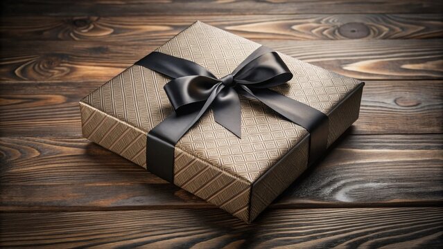 A luxuriously wrapped gift box with a sophisticated black ribbon bow, resting on a dark wood surface, perfect for special occasions