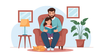 Fototapeta premium Father and daughter reading a book together in a cozy armchair with a cat nearby.