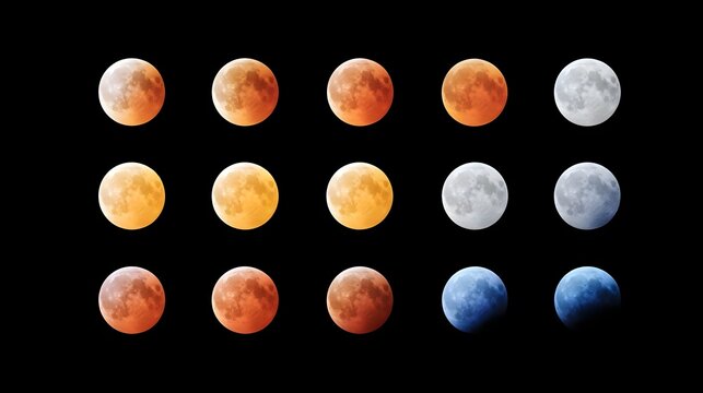 This composite image captures multiple appearances of the moon showing its transition through different colors and illumination levels