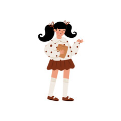 Flat vector illustration of Caucasian child girl. Kid with pigtails, skirt and blouse with bows is standing, smiling, cheerful schoolgirl character, young and happy youngster.