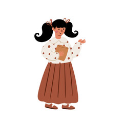 Flat vector illustration of little girl in skirt and blouse. Smiling child stands cheerful, cute youngster character in modern kidswear. Simple and bright style.