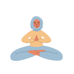 Flat vector illustration of Muslim woman in hijab sitting lotus pose. Female character meditates with hands together, peaceful and calm, modern spiritual lifestyle scene.