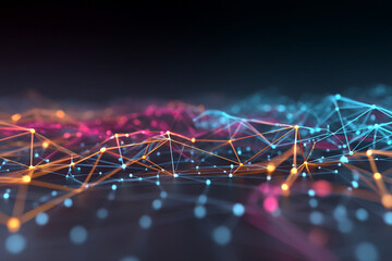 A neural network visualization displaying colorful interconnected nodes and data flow across a 3D grid.