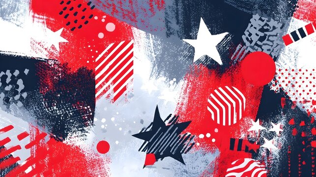 A vibrant and dynamic abstract graphic illust n uses bold brush strokes stars circles and striped patterns in patriotic red white and blue hues creating an energetic and festive background