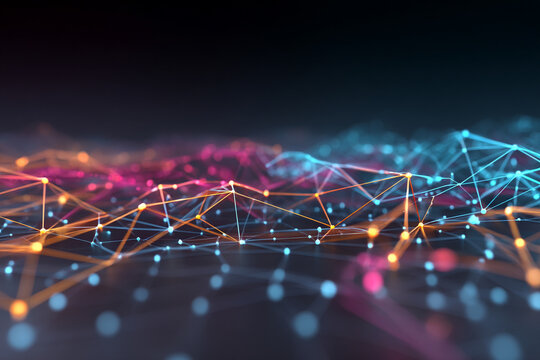 A neural network visualization displaying colorful interconnected nodes and data flow across a 3D grid.