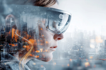 A technologist wearing augmented reality glasses overlays digital information onto a bustling cityscape.