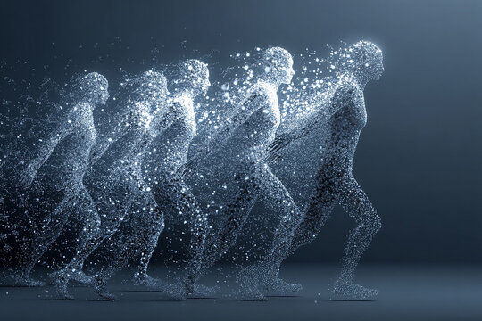 Abstract digital particles forming human-like figures, suggesting artificial intelligence gaining sentience or self-awareness. - Powered by Adobe