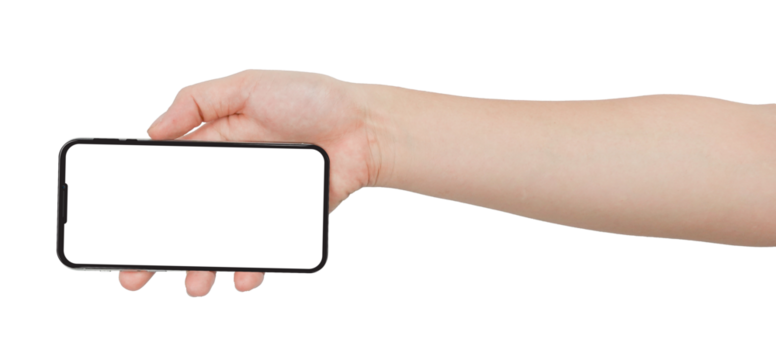 A hand holding a smartphone with a blank screen.