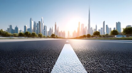 A low angle perspective of an asphalt road with a white line leading to a sunlit modern city skyline Tall skyscrapers and trees are visible under a bright sky suggesting travel and urban development