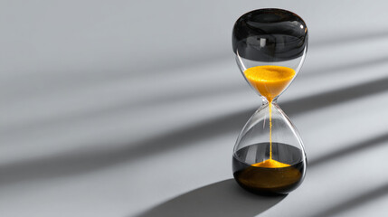 A sand timer with a black top and bottom, filled with yellow sand that is flowing from the upper bulb to lower one on a grey background