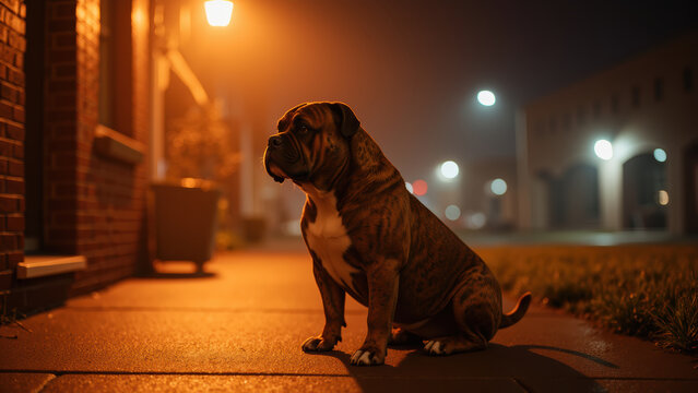 Calm dog sits on sidewalk at night, illuminated by soft streetlights, creating serene atmosphere