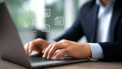 Businessman working with laptop and ERP icons defocused office, faceless document management, virtual screen visualization, blurred workspace background, business system detail, en - Powered by Adobe