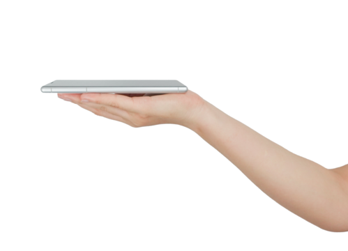 A hand holding a tablet computer against a white background. - Powered by Adobe
