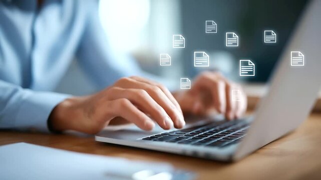 Businessman working on laptop with document icons defocused, faceless DMS system, enterprise content visualization, blurred office background, file management detail, paperless wor