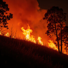 Fires blaze across hillside, illuminating night sky with vibrant orange and red hues, surrounded by silhouetted trees and smoke