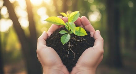 Hands gently cradle a young plant growing from rich soil in warm sunlight