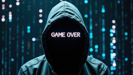 Dark figure in hoodie with glowing text GAME OVER against shimmering background, evoking sense of mystery and intrigue