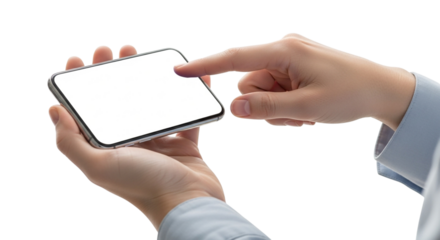 Female hands holding and pointing at modern smartphone with blank white screen isolated on transparent background mockup for design