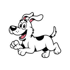 A happy cartoon dog with black spots is running with its tongue out.
