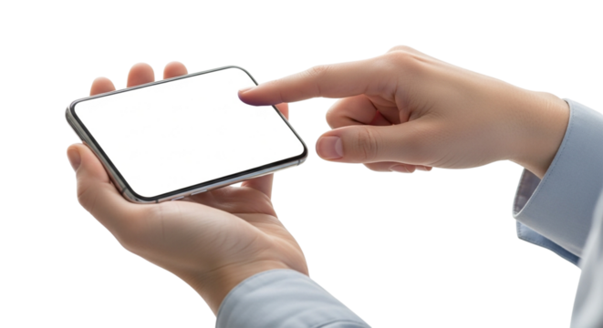 Female hands holding and pointing at modern smartphone with blank white screen isolated on transparent background mockup for design - Powered by Adobe