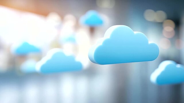 Cloud computing with FTP file transfer icons defocused, faceless data storage, online backup visualization, blurred technology background, document management detail, information t