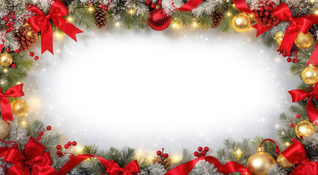 Cornice natalizia con rami di abete, fiocchi rossi e decorazioni dorate personalizzabile. Generative AI