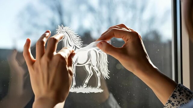 A Person Delicately Applying an Intricate White Horse Silhouette Decal to a Window Pane, Capturing the Essence of Art and Craftsmanship in Natural Light