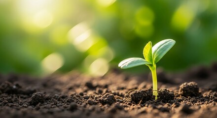 Young green seedling sprouting from rich soil in warm morning sunlight
