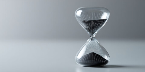 A sand timer with a clear glass body and black sand is shown against a gray background, symbolizing the passage of time or limited resources