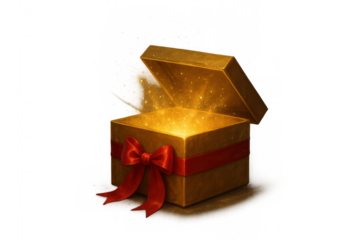 Open golden gift box releasing magical glowing particles, light, surprise, and fantasy on transparent background