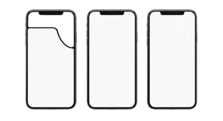 Three modern frameless smartphones with blank white screens isolated on transparent background for app design presentation and mockup