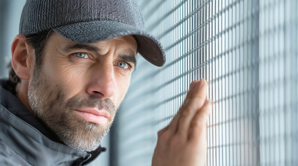 Intense man with cap peering through blinds conveying suspicion and observation in a modern setting