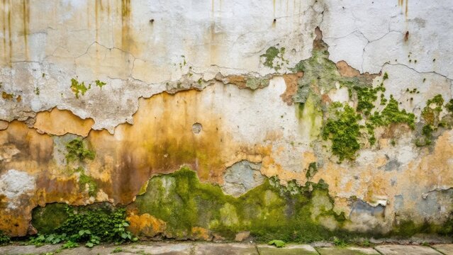 A Weathered Wall with Patches of Moss and Flaking Paint Reveals Aged Texture