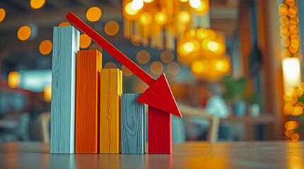 Declining bar graph with downward arrow signifies financial business losses
