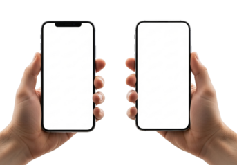 Two hands holding modern smartphones with blank white screens isolated on transparent background for mockup and app presentation